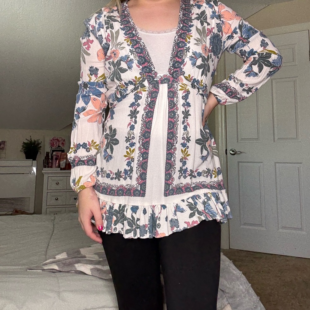 Free People Floral Blouse in Pink, Blue, and Cream